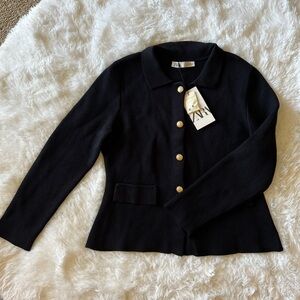 🔥NWT Zara🔥 Women's Navy Collar Cardigan with Gold Buttons